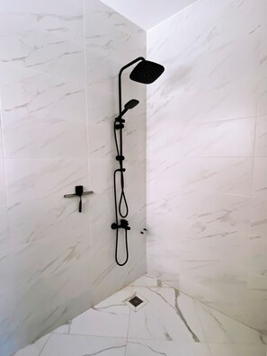 Hair dryer, towels, soap, toilet paper