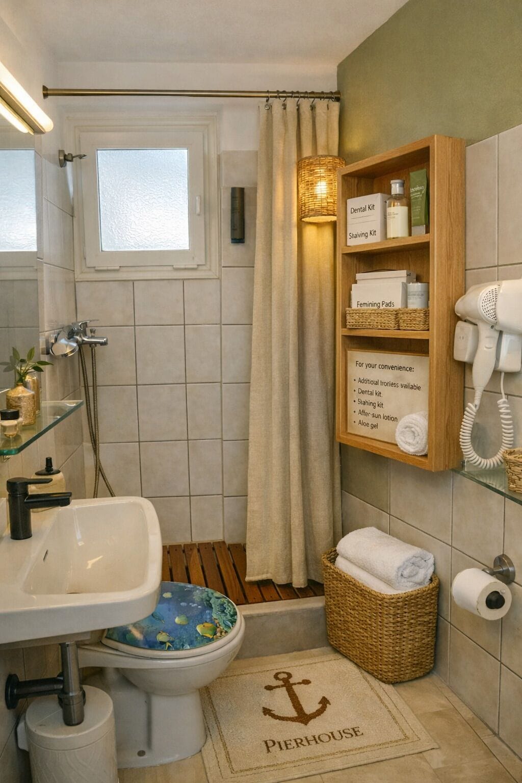Een badkamer met een douche, een wastafel, een toilet, een rieten mand, een plank met toiletartikelen en een handdoekhouder.