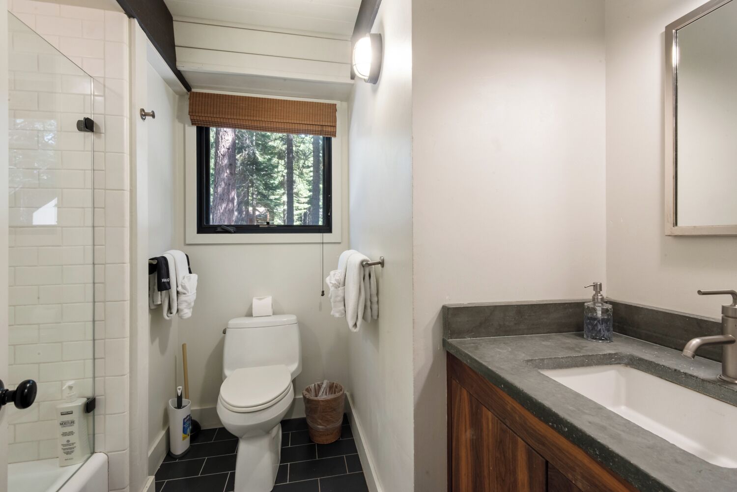 A bathroom with a toilet, a sink, a mirror, and a window with a view of trees.