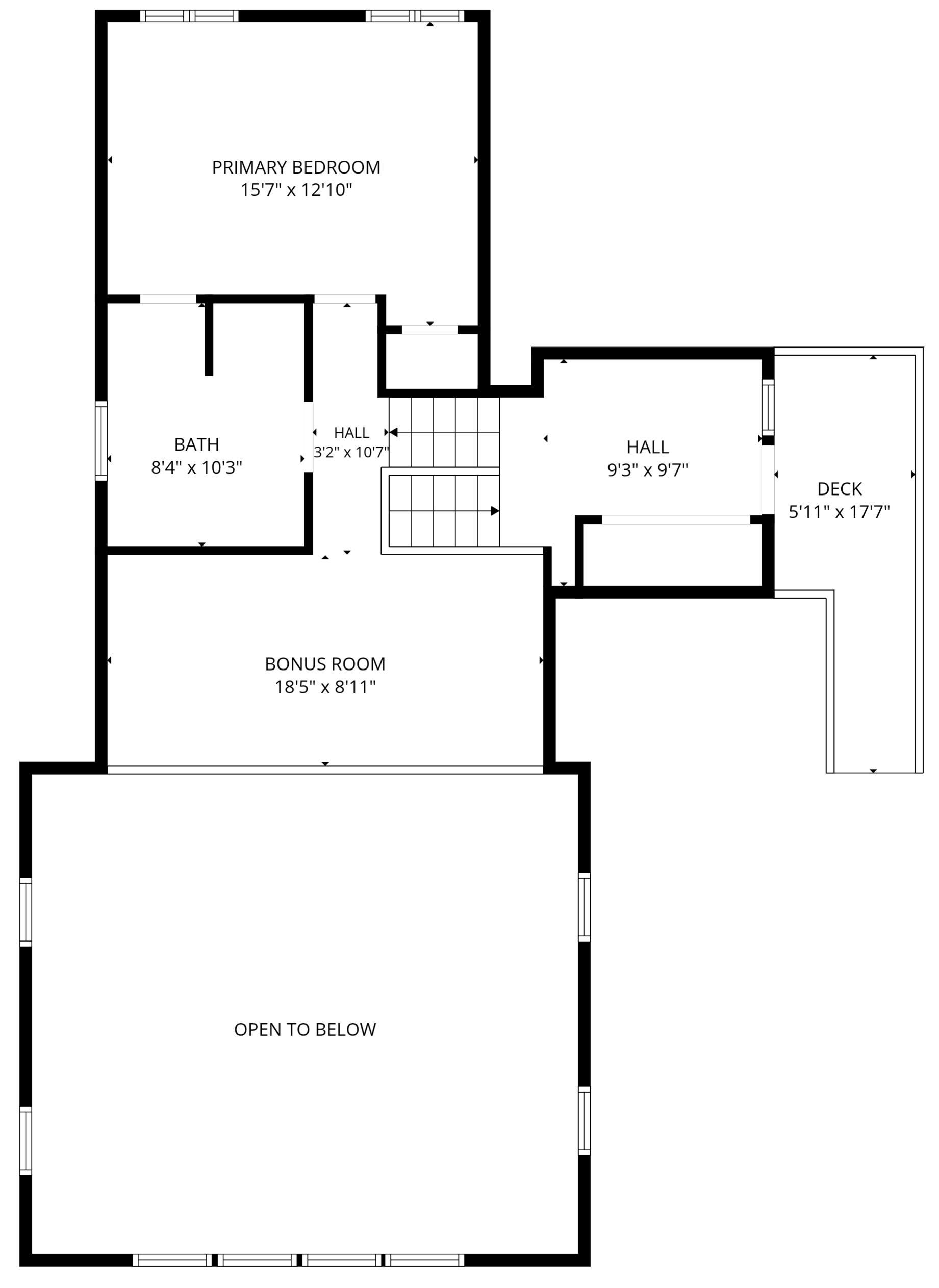 Ein Grundriss mit Hauptschlafzimmer, einem zusätzlichen Raum, Bad, zwei Fluren und einer Terrasse.