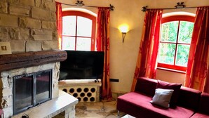 Un salon chaleureux avec une cheminée en pierre, un téléviseur à écran plat et un canapé rouge.
