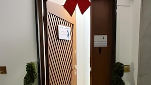 Un couloir avec une porte en bois, un mur orné d’un motif et deux plantes en pot.