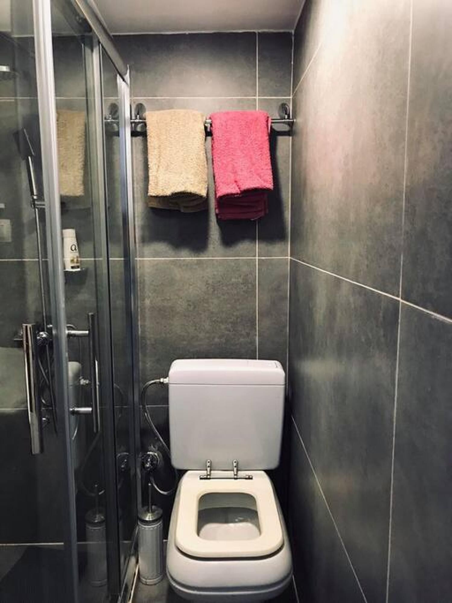 A modern bathroom with a glass shower enclosure, a white toilet, and two towels hanging on a rack.