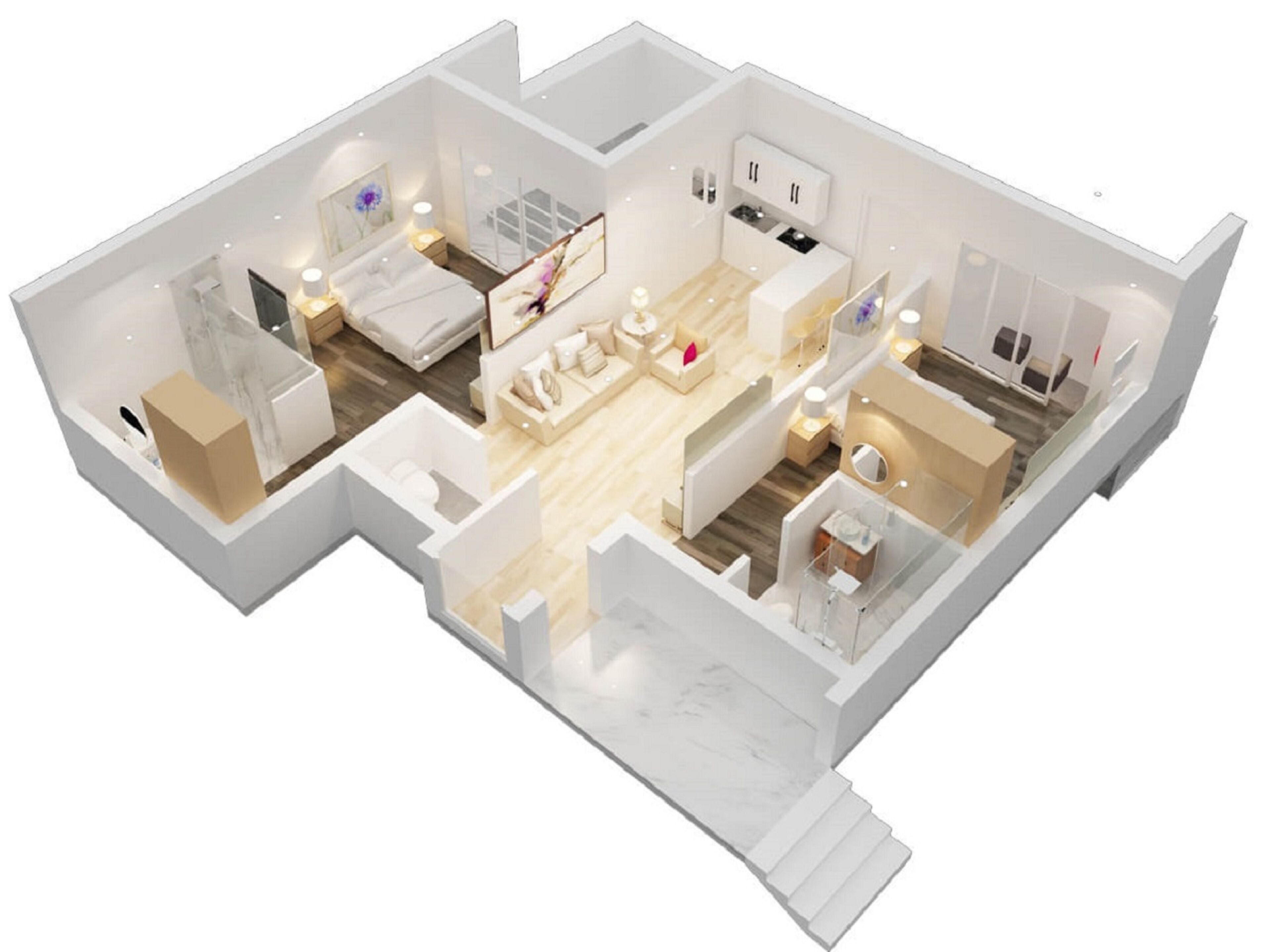 A 3D floor plan of a modern apartment with a bedroom, living area, kitchen, and bathroom.