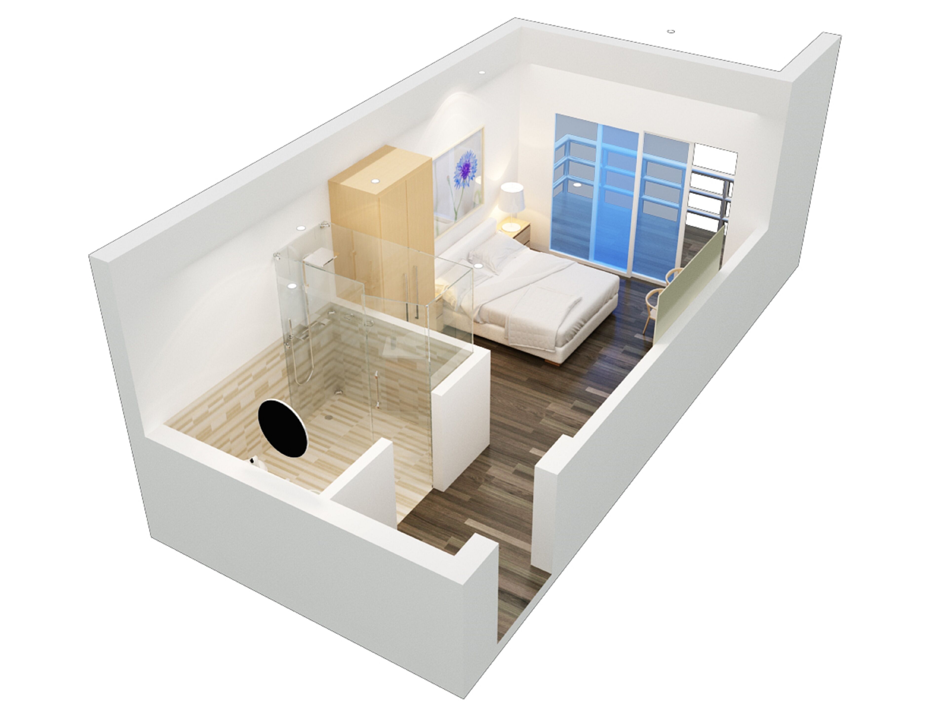 A modern hotel room with a glass-enclosed shower, a bed, a bedside table, and a large window offering a view of the city.