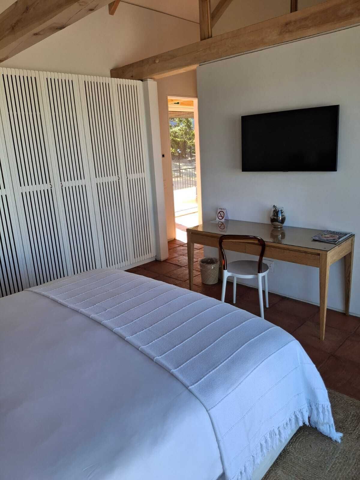 Une chambre à coucher avec un lit, un bureau et une télévision.