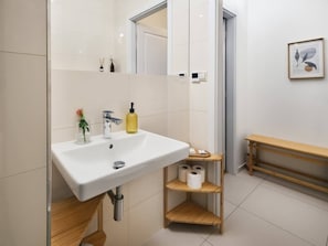 Shower, free toiletries, hair dryer, toilet paper