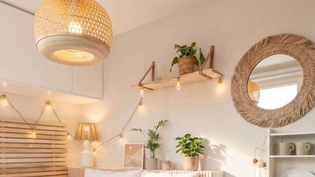 A bedroom with a bed, bedside table, lamp, wall-mounted shelf with plants, and a round mirror. - TurnKey | Angelo Roma Cozy Studio I (Praha 2)