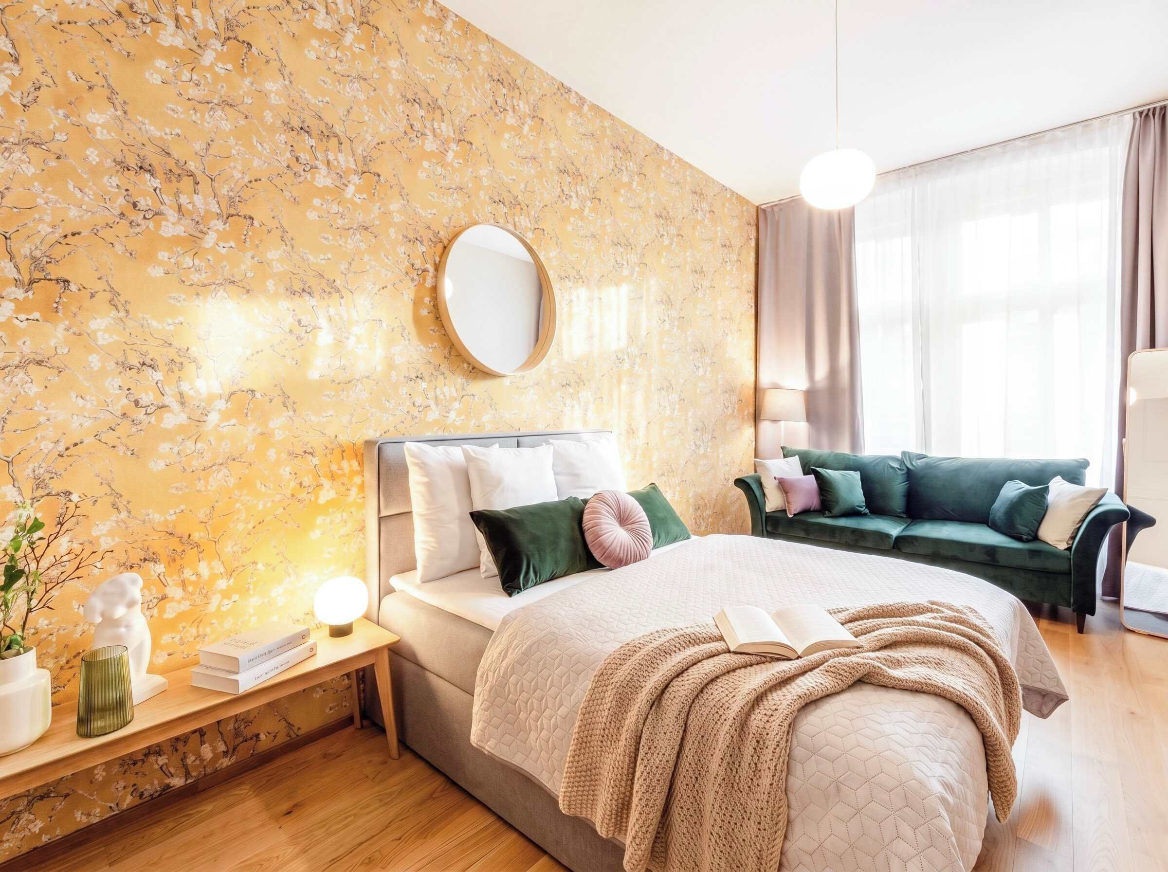 A bedroom with a bed, bedside table, lamp, and a green sofa.
