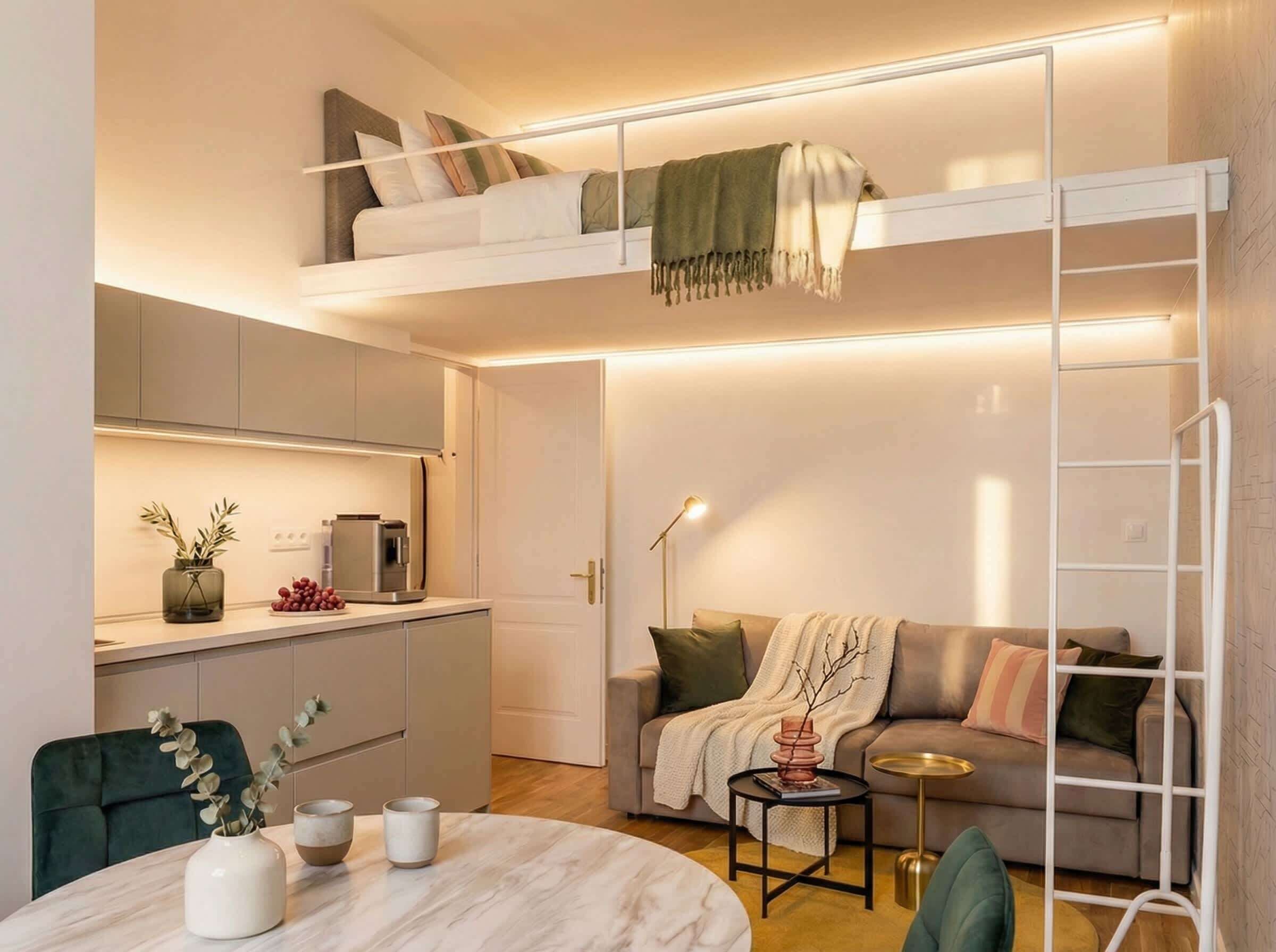 A compact living space with a loft bed, kitchenette, sofa, and a small round table.