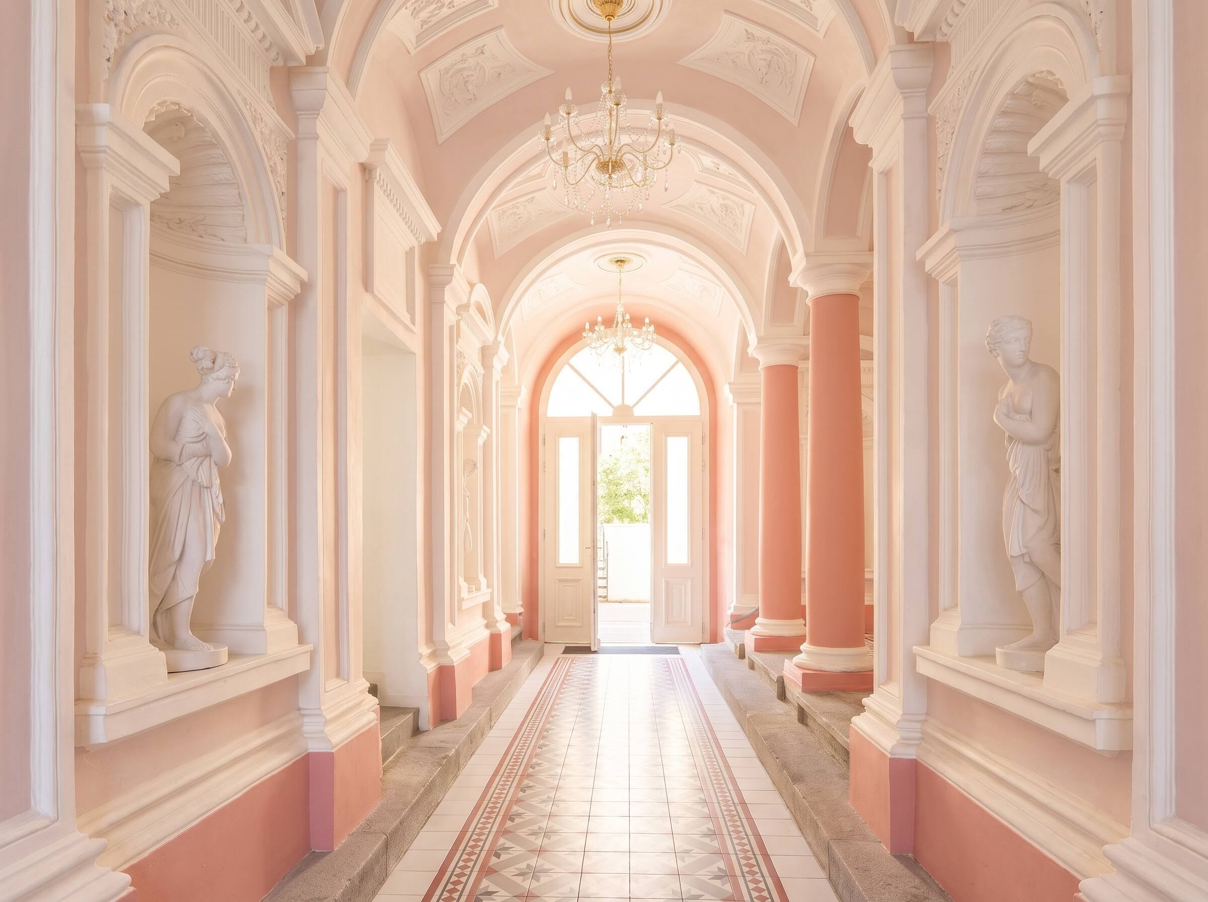 A grand hallway with classical architecture, including columns and statues, leading to a bright doorway.