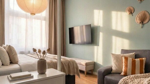 A modern bedroom with a bed, bedside table, and a TV mounted on the wall. - TurnKey | Angelo Roma Studio VI (Praha 2)