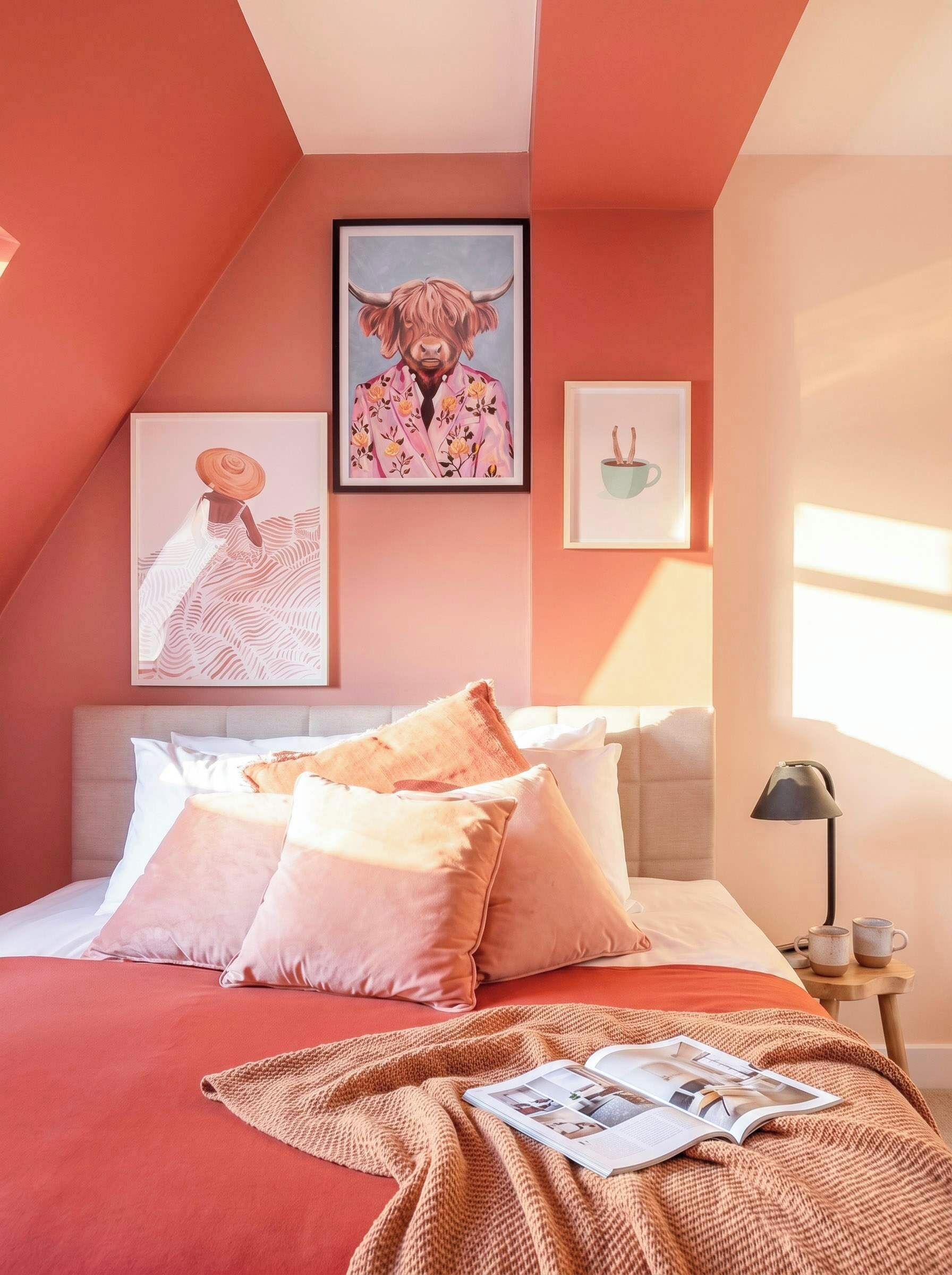A bedroom with a sloped ceiling, a bed with pink bedding, and artwork on the walls.