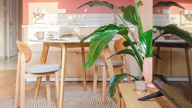 A modern kitchen with a dining area, featuring a coffee machine, a plant, and a wooden dining table with chairs.