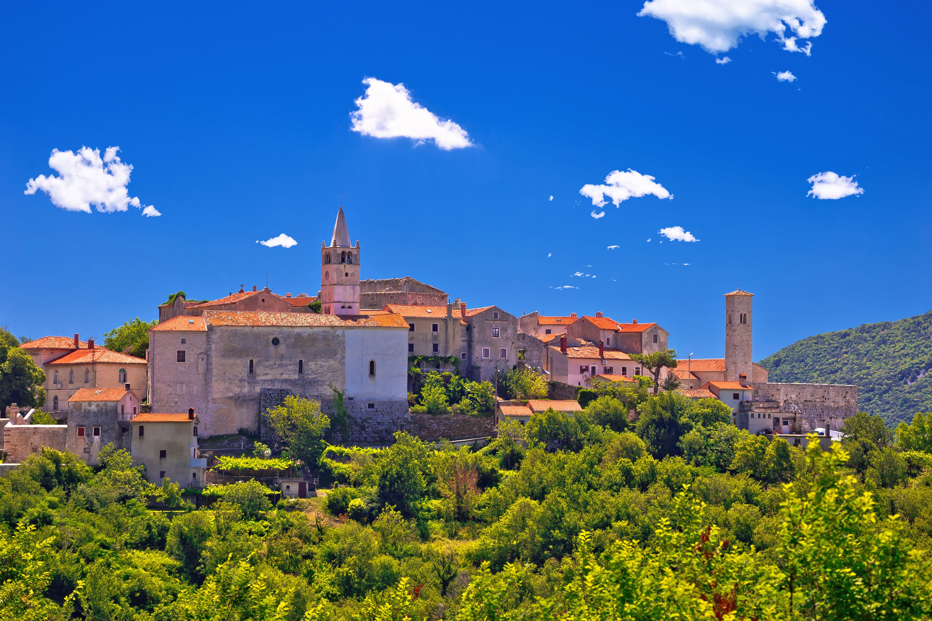 A historic town with a prominent church tower, surrounded by lush greenery and traditional buildings.
