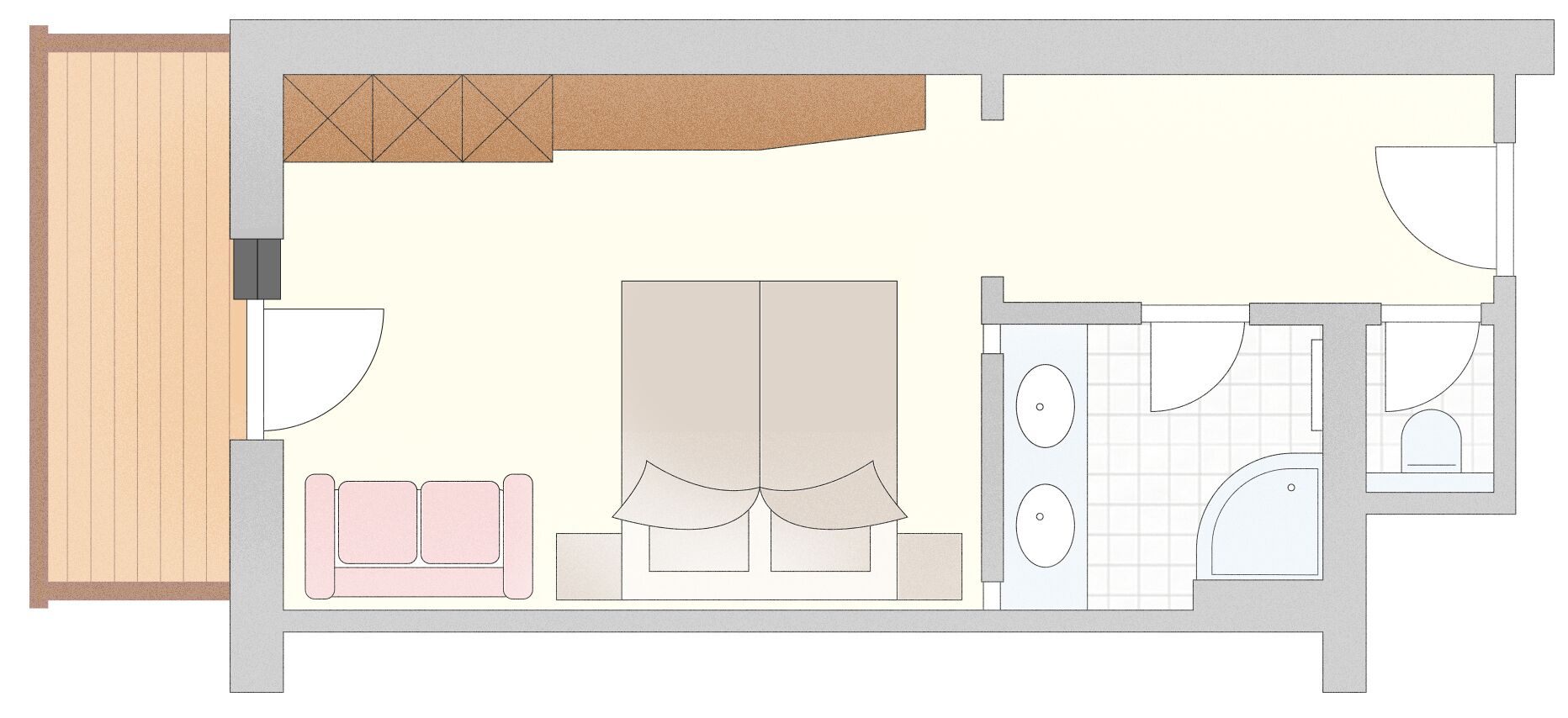 Un plan d’aménagement de chambre d’hôtel comprenant un lit, un canapé, une salle de bain avec baignoire et douche, et un petit coin salon.