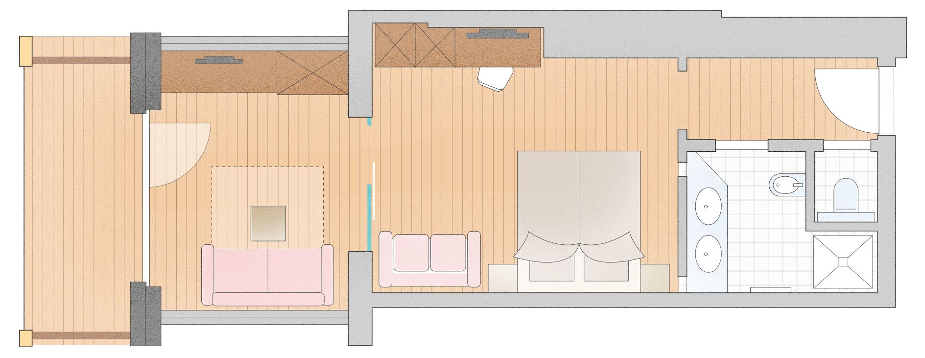 A floor plan of a hotel room with a living area, a separate bedroom, and a kitchenette.