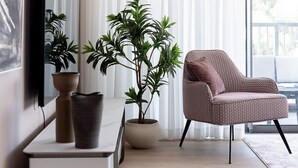 Un salon moderne avec un téléviseur à écran plat, un fauteuil à motifs et deux plantes en pot.