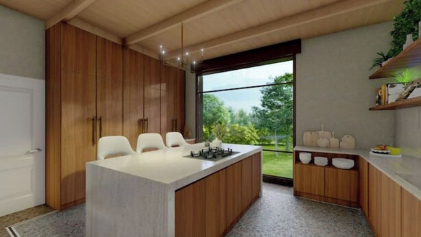 A modern kitchen with wooden cabinets, a central island with seating, and a large window offering a view of greenery. - Zennon II - Feel Good (Geraardsbergen)