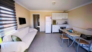 Un espace de vie compact comprenant un canapé, une table à manger avec des chaises, un coin cuisine avec des placards et un réfrigérateur.