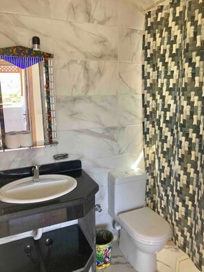 Hair dryer, towels, soap, toilet paper