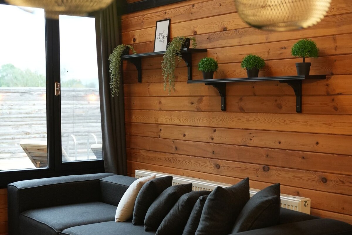 Une pièce chaleureuse avec un mur en bois, un canapé gris agrémenté de coussins, une petite table sur laquelle est posée une plante, et des lampes suspendues.