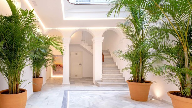 Ein geräumiger Korridor mit Marmorboden, gesäumt von großen Kübelpflanzen und weißen Bögen, die zu einer Treppe führen.