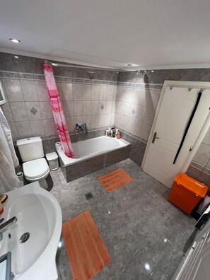 Hair dryer, towels, soap, toilet paper