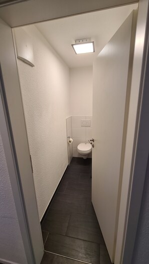 A bathroom with a toilet and toilet paper holder, set against a light-colored backdrop.