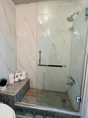 Douche, séchoir à cheveux, serviettes fournies, savon