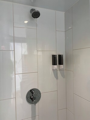 Shower, towels, soap, shampoo