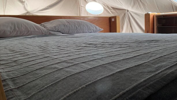 A tented room with a bed, pillows, and a wooden headboard.