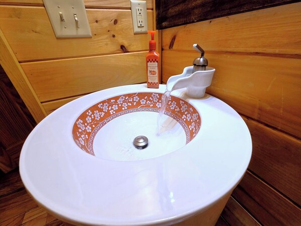 Un lavabo de salle de bain avec un bac blanc et un motif floral décoratif sur le pourtour.