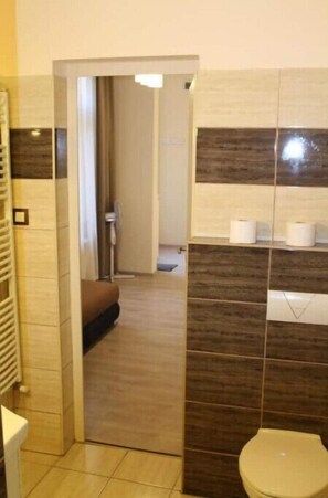 Shower, hair dryer, towels, toilet paper