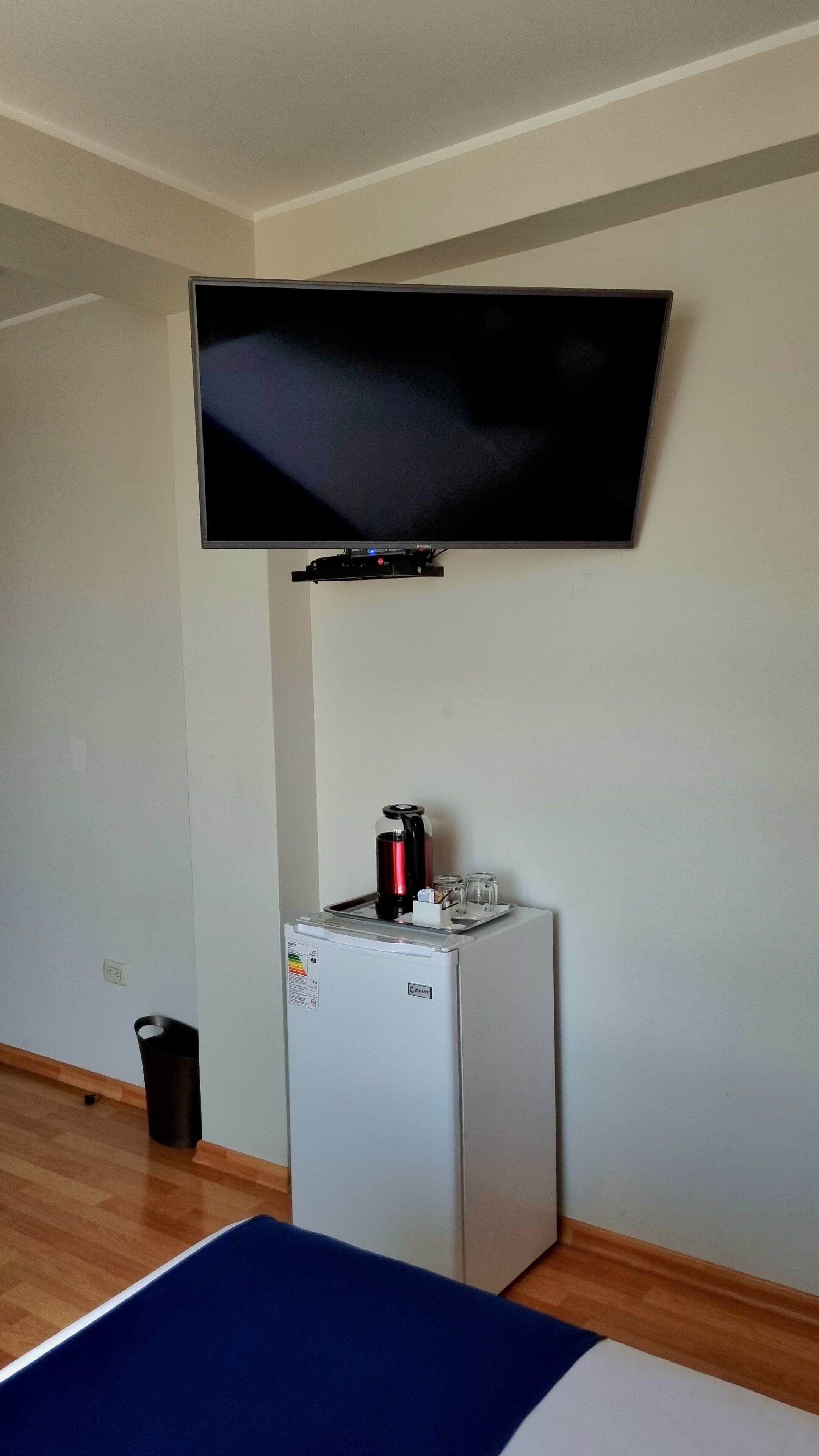 A room with a flat-screen TV mounted on the wall, a small refrigerator, a trash bin, and a blue mat on the floor.
