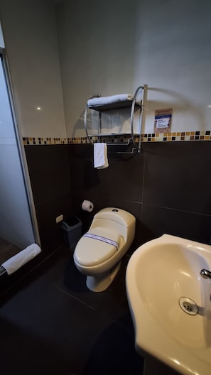 A bathroom with a toilet, a sink, and a towel rack. - Platinium Hotel (Tacna)