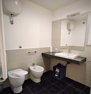 Een douche, een haardroger, een bidet, handdoeken