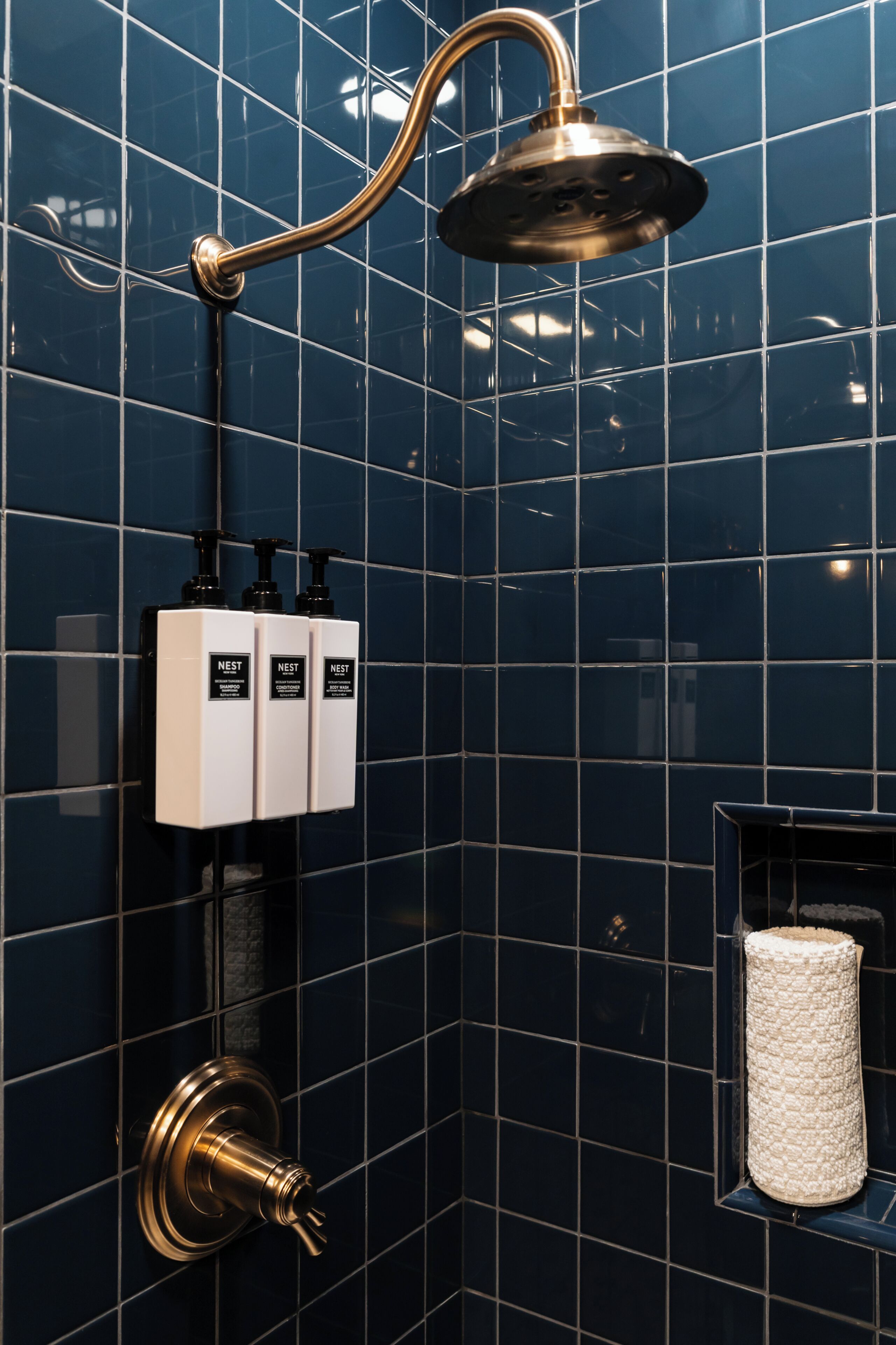 A bathroom with a shower, a towel rack, and three Nest product dispensers.
