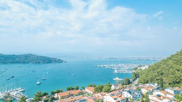 Un pueblo costero con un puerto deportivo lleno de barcos, rodeado de edificios residenciales y vegetación.