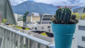 Un cactus en una maceta azul en un balcón con vistas a la montaña.