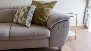 A modern living room with a grey sofa, a geometric patterned pillow, and a solid green pillow. - "Ci vuole leggerezza" Apartment (Bologna)