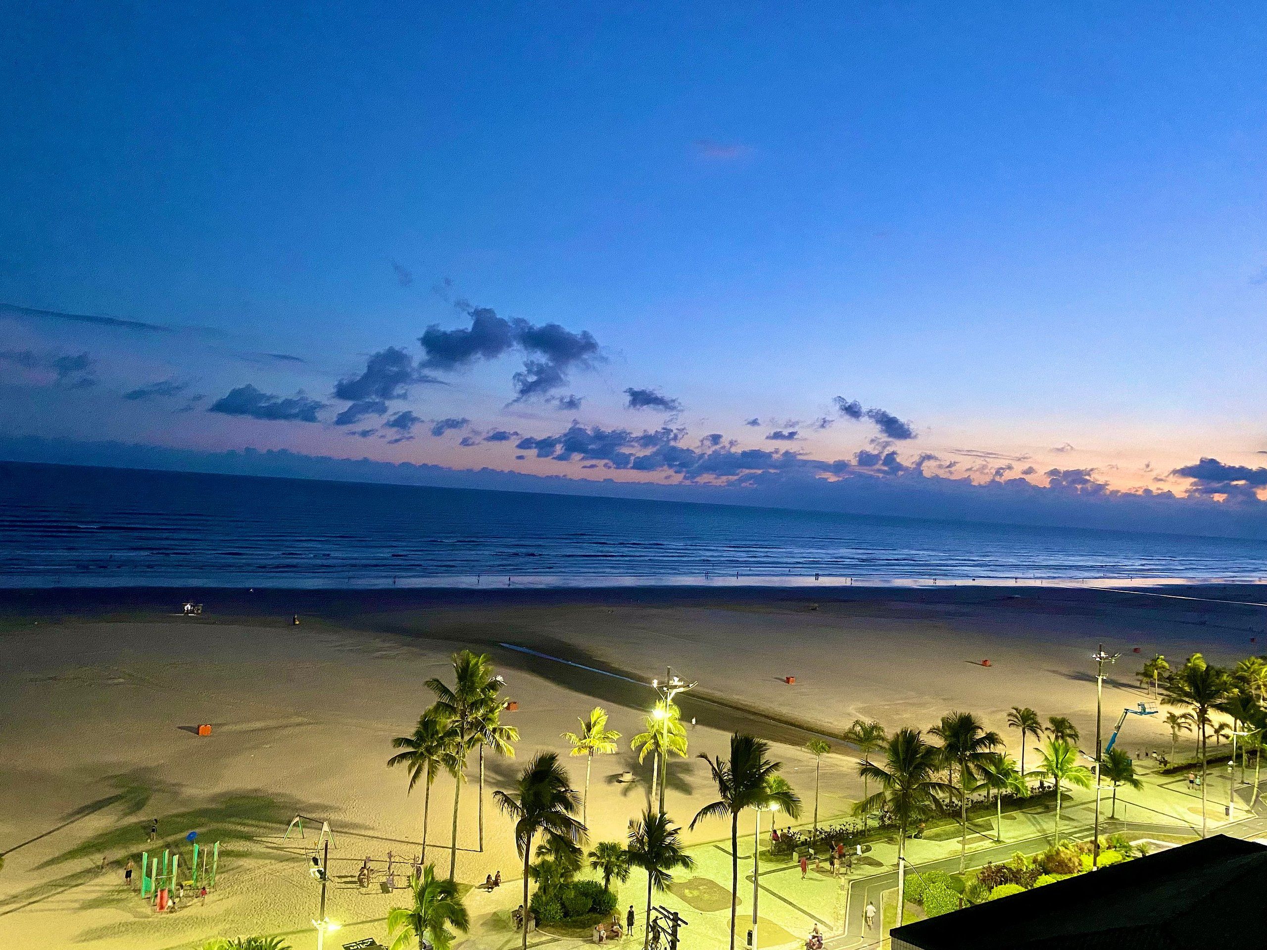 Una playa con palmeras, un parque infantil y vistas al océano.