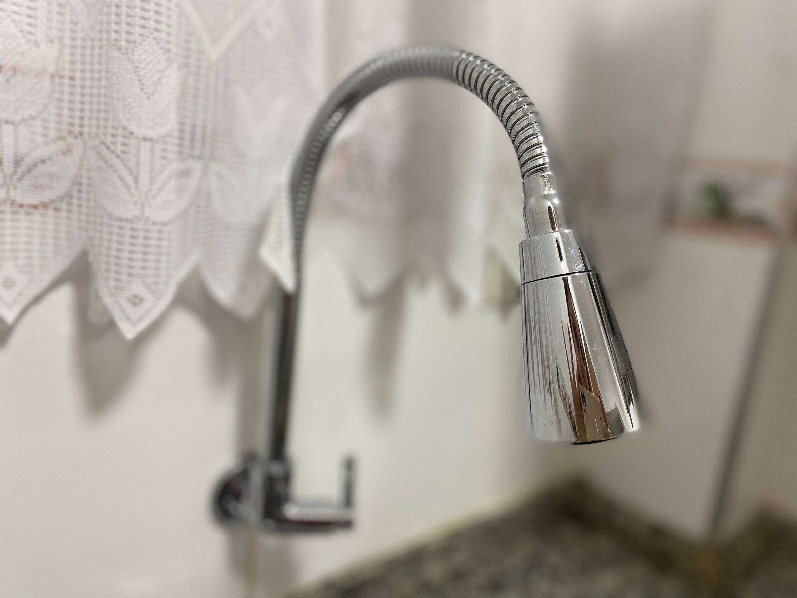 A bathroom with a shower head mounted on a wall, a towel rack, and a small plant on a table.
