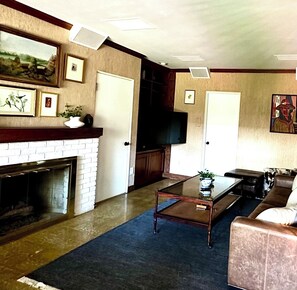 TV connectée, cheminée, livres, chaîne hi-fi