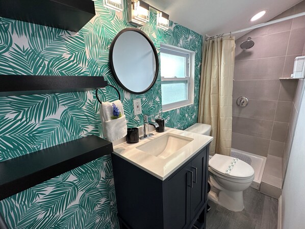 A bathroom with a sink, mirror, and toilet. - NEW! Private Studio Retreat! Tiny and adorable! (St. Petersburg)