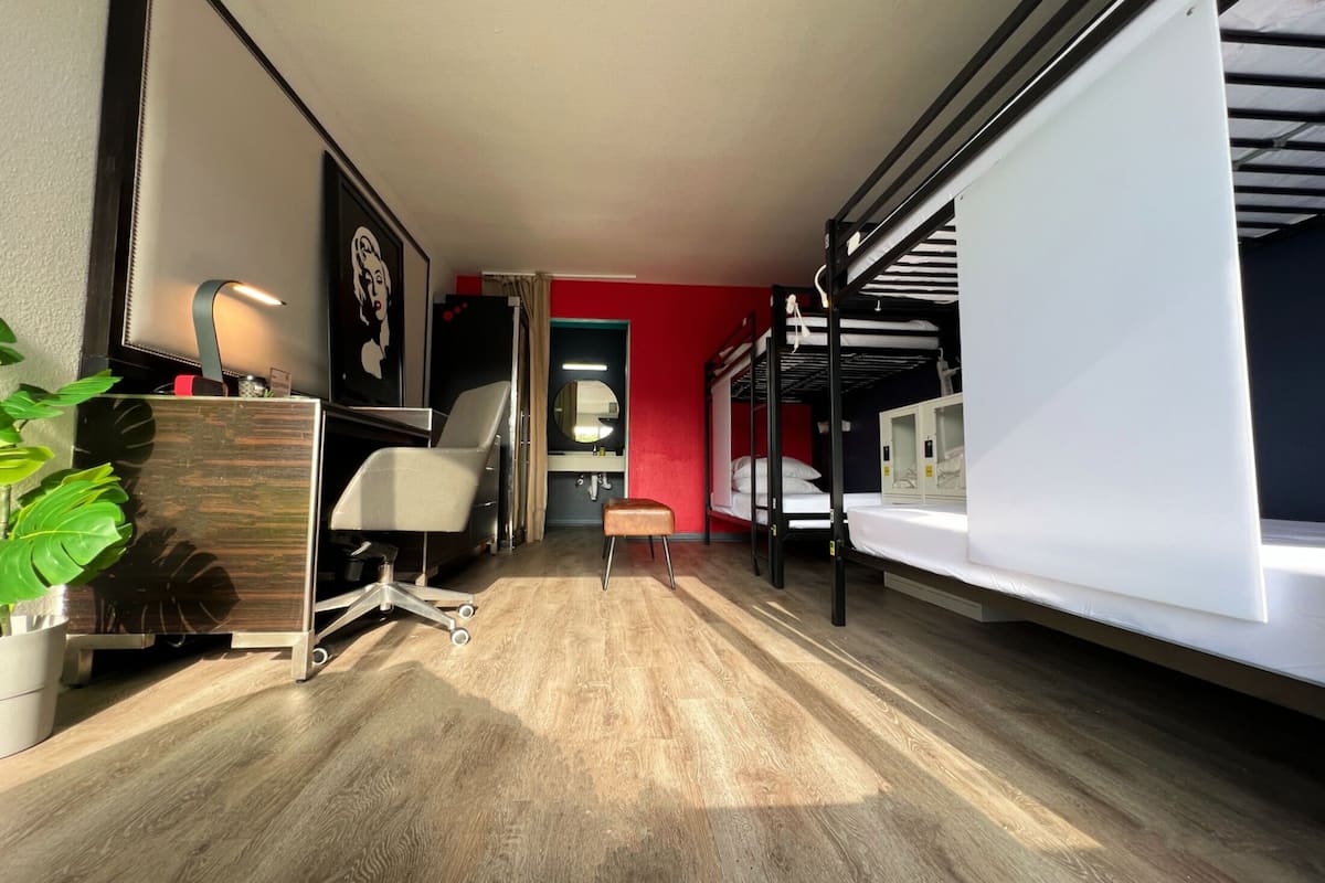 Quarto de hotel compacto com beliche, pequena escrivaninha com cadeira, espelho e planta em vaso.