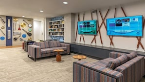 Un espace de détente moderne avec des canapés à rayures, une bibliothèque et un grand téléviseur à écran plat fixé au mur.