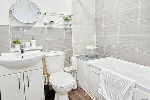 Hair dryer, towels, soap, shampoo