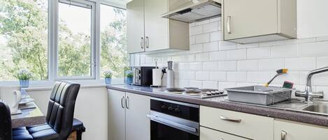 Fridge, microwave, oven, electric kettle