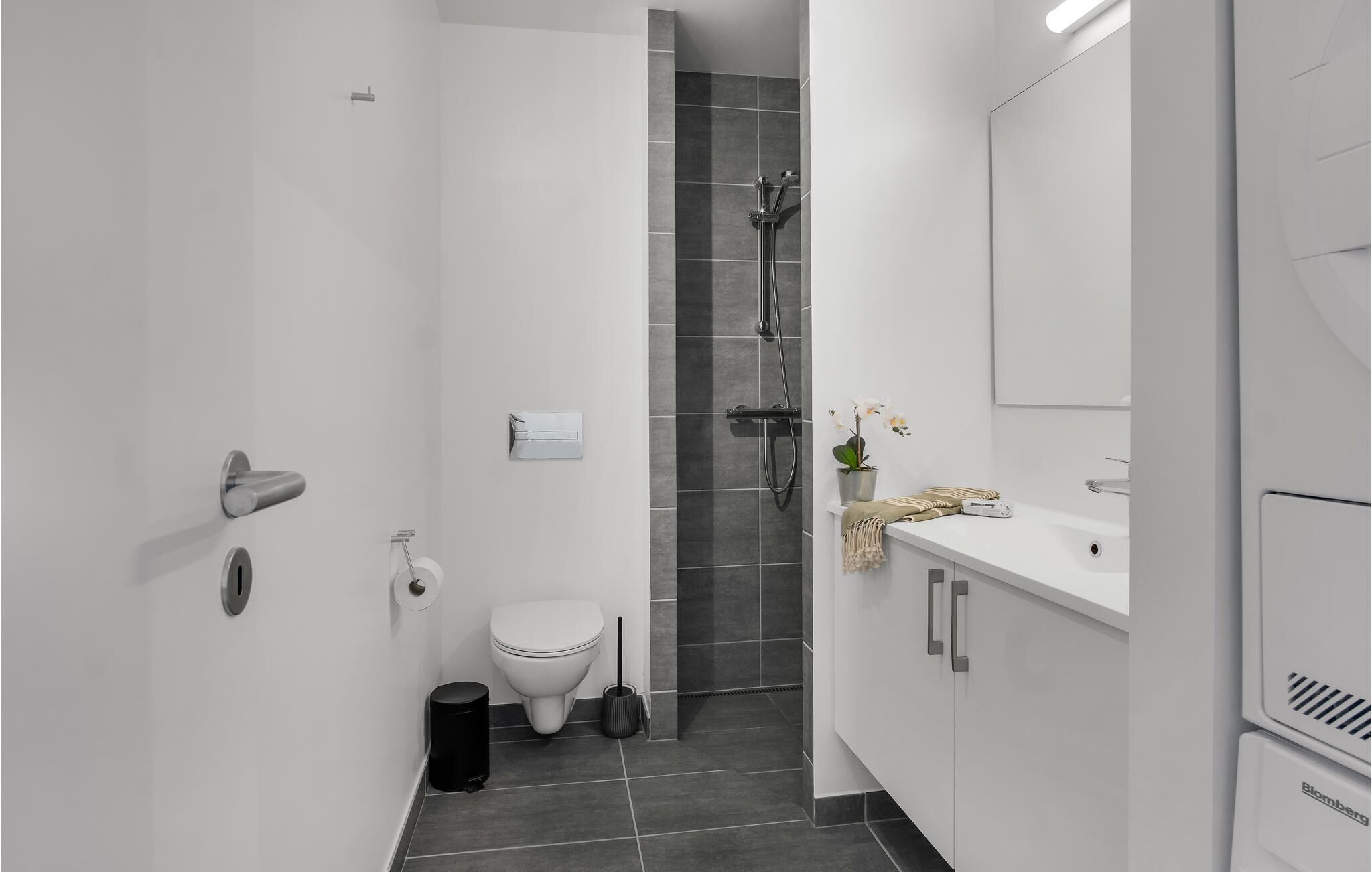 A modern bathroom with a shower, toilet, and sink.
